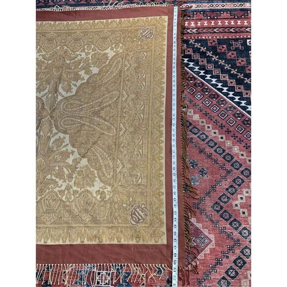 Christian Dior Square Wool Stole Tassel Scarf Tan and Pink - Picture 6 of 9